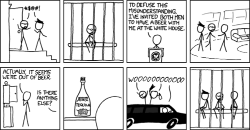 This strip is based on the “beer summit” in which President Obama chose to have a beer with Henry Louis Gates Jr. and the police officer who arrested him so they could work out their racially charged differences. It starts out with Mr. Gates being arrested and placed in a jail cell. Mr. Obama then announces his intention to work things out with the men over beer. This is all based on real events.
However, in the strip, there is no beer available to drink at the White House, and they instead drink tequila because it was the only alcoholic beverage in the cupboard. The tequila causes all three men to behave erratically and get arrested, ending with all of them in jail. It is implied that while it is possible to drink beer responsibly, tequila will cause even the President of the United States to become so intoxicated he’ll be thrown in jail.
The target audience will relate to this strip because they’ve presumably gotten wasted on tequila on many occasions.
