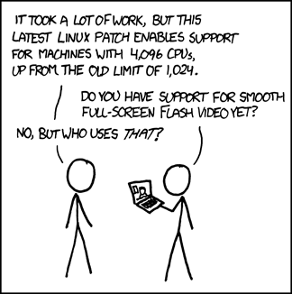 This strip pokes fun at stereotypical Linux users for having a different set of computing priorities than most people. In this case, the Linux user places the ability of his computer to have many more central processing units than necessary over being able to watch funny videos on YouTube, which is something “normal” people would want. It is implied that Linux users are abnormal. Many readers of this strip are presumably Linux users and will find this humorous because they themselves would consider themselves more advanced than “normal” people when it comes to computing.