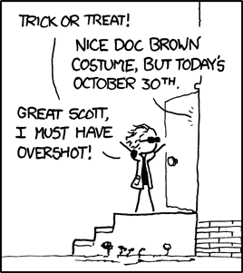 Doc Brown, a character from the Back to the Future trilogy, is a time traveling scientist known for his eccentric personality and absent-mindedness. A component of this strip’s punch-line is his most well known catch phrase: “Great Scott!”
This comic is humorous because the child has dressed up as the Doc Brown character and attempted trick-or-treating on October 30th - one day before Halloween. This is just the kind mistake, and reaction to said mistake, that could be expected from “Doc.”