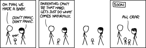 The two characters are concerned because they have just procreated and do not know how to be parents. One of them suggests that they “just do what comes naturally.” In a humorous turn of events, what “comes naturally” is to fornicate - leading to yet another child they cannot properly raise.
It’s also funny that the last panel says “Soon:”, even though making a baby takes approximately 9 months.
It appears that the Author has been contemplating adulthood and the responsibilities involved with supporting a family. We may see a lot more of these in the near future, followed by the abrupt cancelation of the comic.
