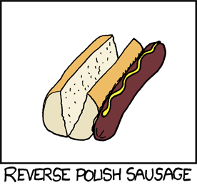 In this strip, the word “sausage” is substituted for “notation” in Reverse Polish Notation. As you can see, the hot dog is lying next to, not inside of the hot dog bun.
This is funny because in Reverse Polish Notation the operator (hot dog) follows the operands (bun).