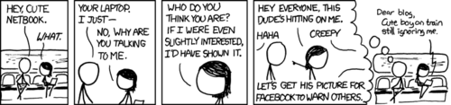 The male in this strip is a geek so he has Asperger syndrome, this is not a surprise. The surprise is that the female has Asperger syndrome as well.
This causes a conflict since neither party is willing to initiate a social interaction with the other, even though they are mutually attracted.
Note: The author has Asperger syndrome.