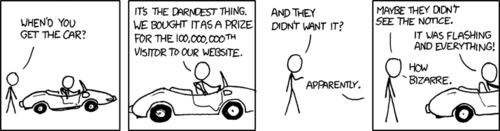 This strip is a commentary on the commonly-seen flashing ads on websites declaring that the viewer has won something extremely valuable (in this case a convertible sports car) and all that is required to claim the prize is to click the ad. Since most people browsing the internet have become increasingly jaded toward the deceptive tactics of internet advertisers, they usually ignore these ads outright, assuming it is a scam and that they’ll be taken to a site they have no interest in without ever receiving the promised prize.
The twist in this strip is that in this case the website actually was planning to reward a visitor with a car, but since it wasn’t claimed by the visitor the company’s CEO kept it for himself. The CEO is honestly puzzled as to why someone wouldn’t claim the prize, suggesting he is obviously oblivious to the fact that their ad resembled a common scam. (Or was he?)
This strip employs the common pattern of making the reader think everything is normal until the final frame where the punch line is subtly delivered (“It was flashing and everything!”). There are also hints of parallels between this situation and “the boy who cried wolf” wherein a certain action has proven to be deceptive on so many occasions that when it is actually legitimate no one will believe it.