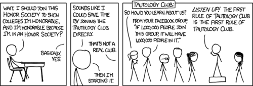 In case you did not know: a tautology is a statement that is necessarily true, based only on the facts presented in the statement.
While applying for colleges, the author noticed the vague tautology of showing your honor by joining a club that shows you are honorable. With this keen observation, he invents a hypothetical and comical “tautology club.” This club’s activities, as seen in the last panel, consist of saying humorous tautologies at each other.
Also, the third member (from the left) of the club is Jason from the (non-web) comic strip FoxTrot.
