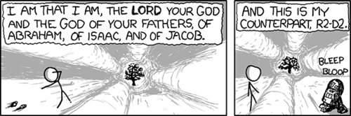 In a recreation of the Burning Bush scene from the Book of Exodus, we see Moses (complete with removed sandals) getting talked to by God. Then God says that his counterpart is “R2-D2.” This happened because in the film Return of the Jedi (part of the Star Wars franchise) the robot known as C3PO is worshiped as a god by the Ewoks and his partner was the robot R2-D2.