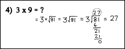 Here’s one for the mathematics geeks.
The Author is making a visual pun on the similarity between the square root operator and the division operator. If you follow from left to right you will see the “three times the square root of 81” turn into “81 divided by three” when he drops the multiplication operator. In this particular example, the two numbers multiplied is the same as dividing the second number squared by the first number. This is not always the case.