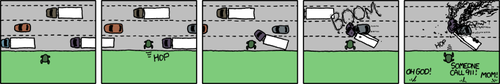 What if the game Frogger were real?
A game from geek nostalgia is taken literally in order to create an improbable situation, possibly for use as humor.