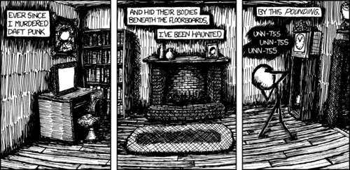 This comic strip is a reference to the widely known short story by Edgar Allan Poe, “The Tell-Tale Heart.” In this short, a man murders another man and hides his body under the floor of his home. Eventually, the murderer’s guilt causes him to hallucinate the beating heart of his victim emanating from the floorboards.
In the comic strip, however, the man has murdered popular electronic music duo Daft Punk, whose highly repetitive and measured beats could be likened to that of a heart. This similarity in timing and sound is what made this comic strip happen.