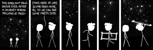 A man and a female enjoy the night’s stars together. They discuss a scientific fact about starlight, then the man then fetches a mirror and holds it up above him. He did this because he naively believes that the light of the stars will bounce back to their homes, which would make him feel less guilty about being alive.
Later she will probably talk about astronomy while he does oral sex on her.