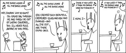 In this installment of the popular web comic, the Author returns to the traditional format by including something that is easily recognizable as a joke.  As is standard practice, we are treated to a combination of a geek culture character (Sauron, of Lord of the Rings), in a humorously improbable real-life situation (lamenting his lot in life while drinking in a bar), and a pop-culture reference (the song “All the Single Ladies” by Beyonce Knowles).
Having enumerated the advantages enjoyed by humans (attractive), elves (attractive), and dwarves (attractive when you are drunk), and expressing his dissatisfaction at being stuck with orcs (hideous), Sauron is struck with the solution to his dilemma when Ms. Knowles reaches the chorus of her hit song: he will ‘put a ring on it’.  The juxtaposition of the song’s intended meaning of an engagement ring with the intended meaning for Sauron of rings of power to subjugate the races of Middle Earth delivers our well-earned punchline.
Thus, the Author humorously reveals the image he holds of himself as a lonely, mask wearing embodiment of evil plotting the enslavement of the beautiful creatures of the world who he views as his betters: humans, elves, and dwarves in Lord of the Rings - women in reality.