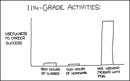 The author has created another graph-based comic strip. This one appears to be a bar graph comparing categories of 11th grade activities with their usefulness to career success.  One would do well to note the complete lack of art, sports, business and socialization activities in this graph.
As with most of these comics, the underlying assumption is that the reader is an IT professional who discovered a love for programming in high school.  The punchline here relies completely on reader identification: ”This comic mentioned PERL.  I use that from time to time in my job.  The author understands me and I can imagine being his friend.”