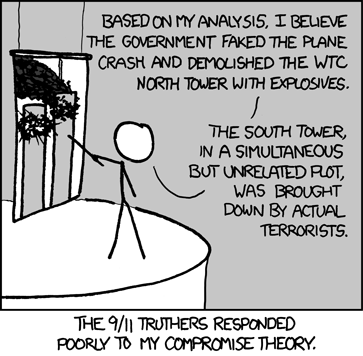 The “9/11 Truthers” are a group of individuals who believe the government was aware of, or even contributed to the attacks on September 11th, 2001. The popular belief is that these attacks were carried out by Al-Qaeda, an Islamic terrorist group.
The Author presents a hypothetical situation wherein he proposes a merged theory that compromises between the truthers and that of popular belief - one tower was destroyed by the government and the other by Al-Qaeda. The hypothetical outcome is that the truthers are not pleased with this idea.