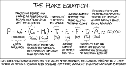 Today’s comic revolves around a fictitious and humorous equation, “The Flake Equation.” The name is, of course, a pun on the famous Drake Equation - an equation created by Frank Drake in the early ’60s that attempts to produce the number of extraterrestrial civilizations in the Milky Way with which contact may be possible.
While the real equation contains a mixture of hypothesized numbers and probabilities about the science of our galaxy, the Author’s comical version uses seemingly arbitrary numbers and probabilities about the people who claim to have seen an alien. 
The joke here is that the if Drake Equation attempts to find how many alien civilizations we may actually contact, why not just use the “Flake” equation to find the number of humans who may at some point claim to have made such contact? (since it’s the same thing)