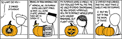It is October, so three Halloween-themed jokes are made here. All three revolve around a wacky misinterpretation of the tradition of pumpkin carving.
1. He carved a pumpkin into a pumpkin, a meta joke.
2. Nitro glycerin is used both as an explosive, and a treatment for heart conditions such as angina.
3. The woman is projecting her own insecurities about adulthood onto the pumpkin. It is assumed that this character represents the Author.
4. A reference to the Banach–Tarski paradox - a paradox that states a 3d ball can be split into pieces and reconstructed into two identical copies of the first ball. It is built upon The Axiom of Choice is an often-debated axiom dealing with infinite sets and recursion. Except in this case the ball is a pumpkin.