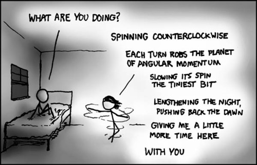 There is a male, sitting awkwardly on a single size bed. There is a female, who appears to be spinning in circles on the floor next to the bed. The male asks the female what she is doing. She explains that she is spinning counterclockwise to counteract the earth’s clockwise rotational force (southern hemisphere), in order to delay the rising of the sun and thus gain more night time to spend with the male. One can assume that the two characters are teenaged, as the coming of the morning would not affect two adult’s ability to see each other and, presumably, fornicate.
This comic strip is not intended to be humorous. It is meant to represent what the author believes it would be like for two people to be in love. Essentially, one partner tries fruitlessly to use science in order to gain a small amount of time with the other person.
It appears that this idealized belief has been formed by years of guessing as to what someone in love might desire, based on the hyper-emotional needs of the author.